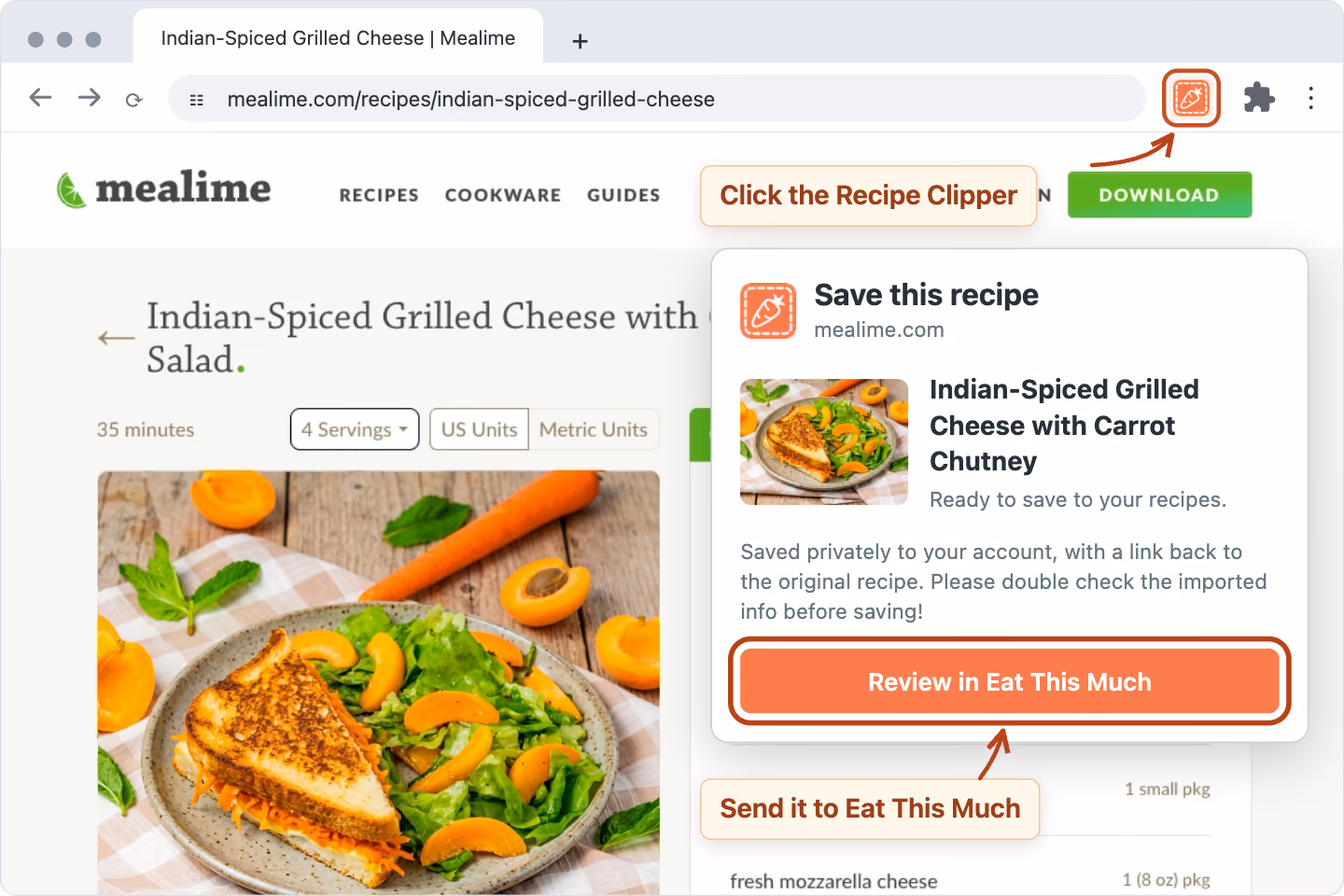 A Mealime recipe in Chrome with the Recipe Clipper open, ready to send to Eat This Much