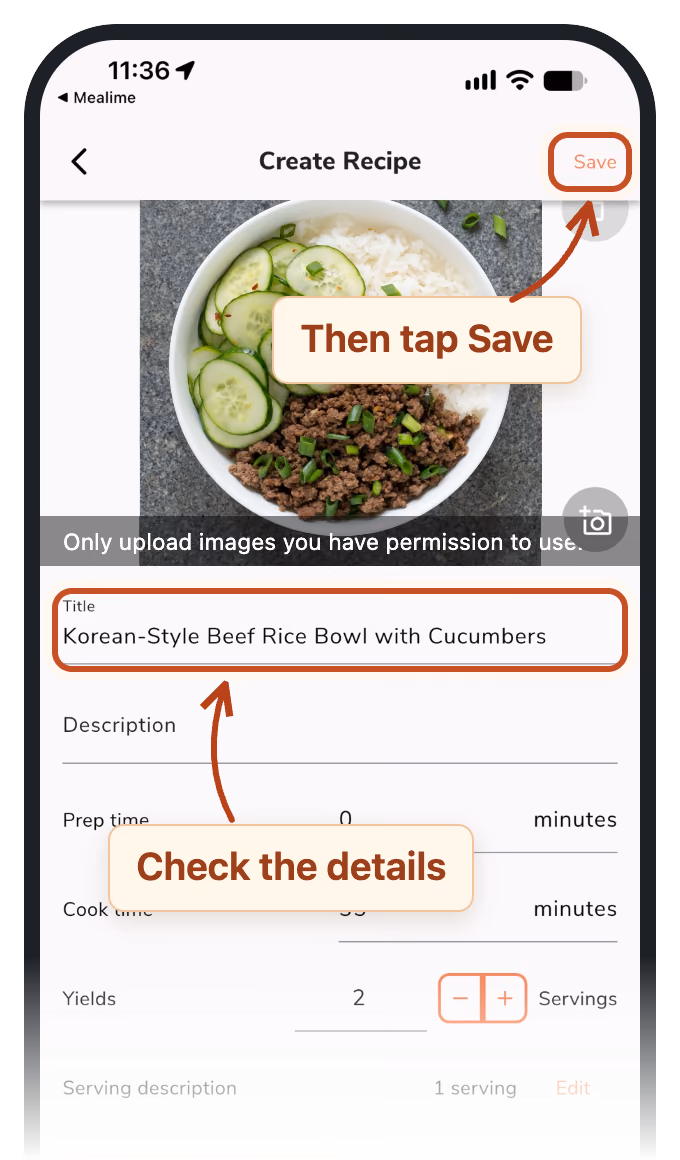 The imported recipe in Eat This Much. Check the details, then tap Save