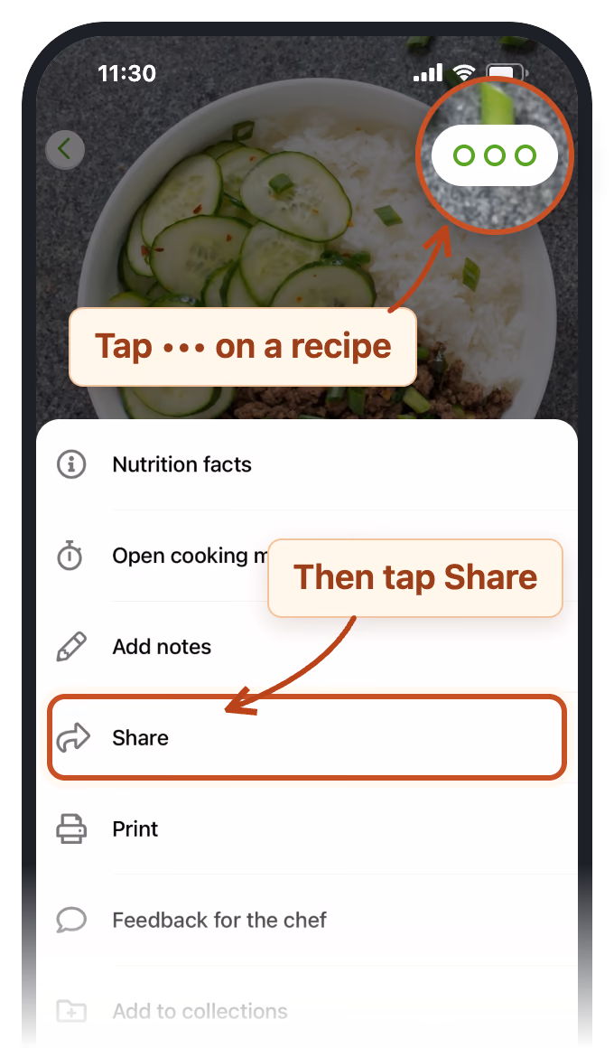 In Mealime, tap the ••• button on a recipe, then tap Share