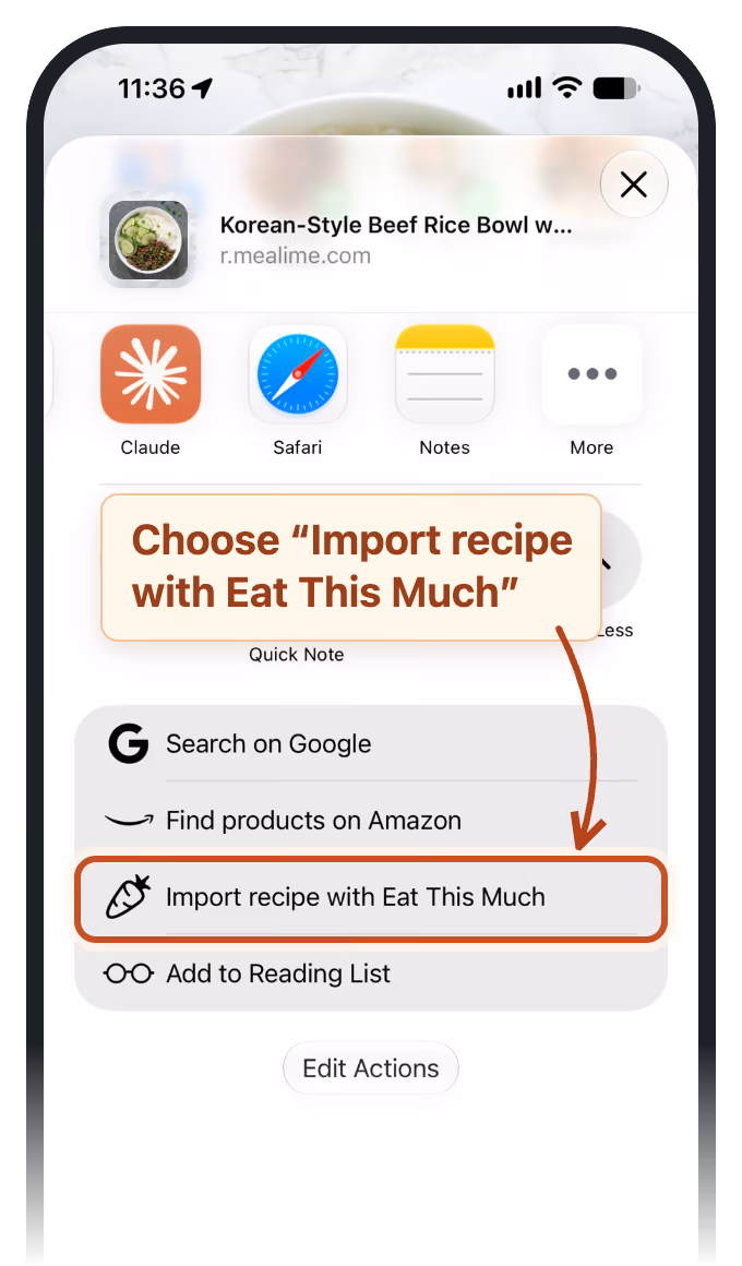 In the share sheet, choose Import recipe with Eat This Much